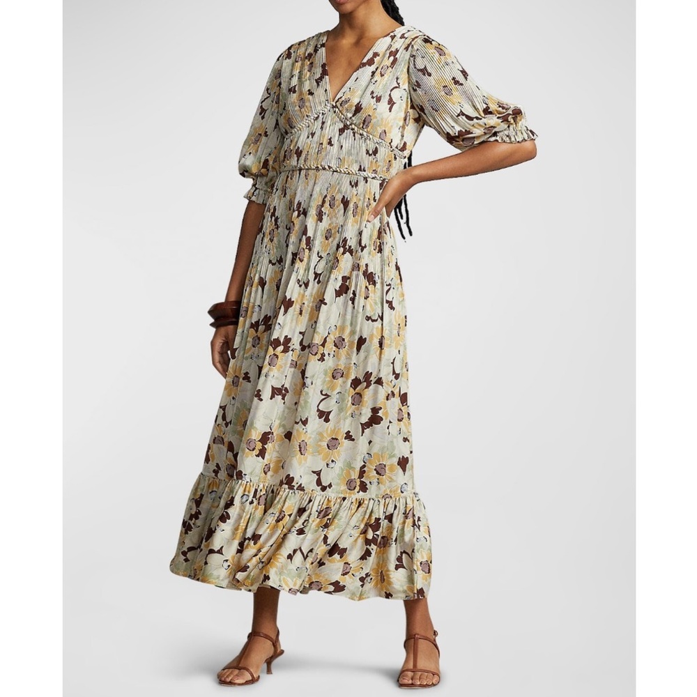 NEW Polo Ralph Lauren Plisse Crinkle Silk Braided Floral Ltiti Puff Sleeve Dress - Picture 4 of 14